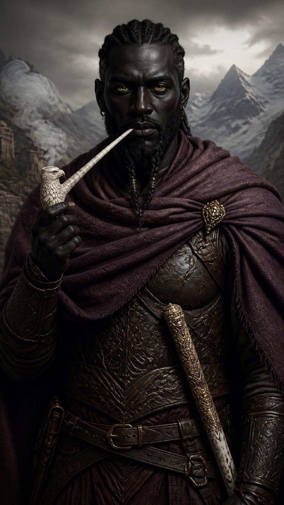 Illustration de fantasy héroïque d’un homme nommé Heigbar, portrait de face. Homme grand, corps sec et musculature noueuse, protecteur, calme, observateur et patient. Teint noir profond, aussi sombre que (1)
